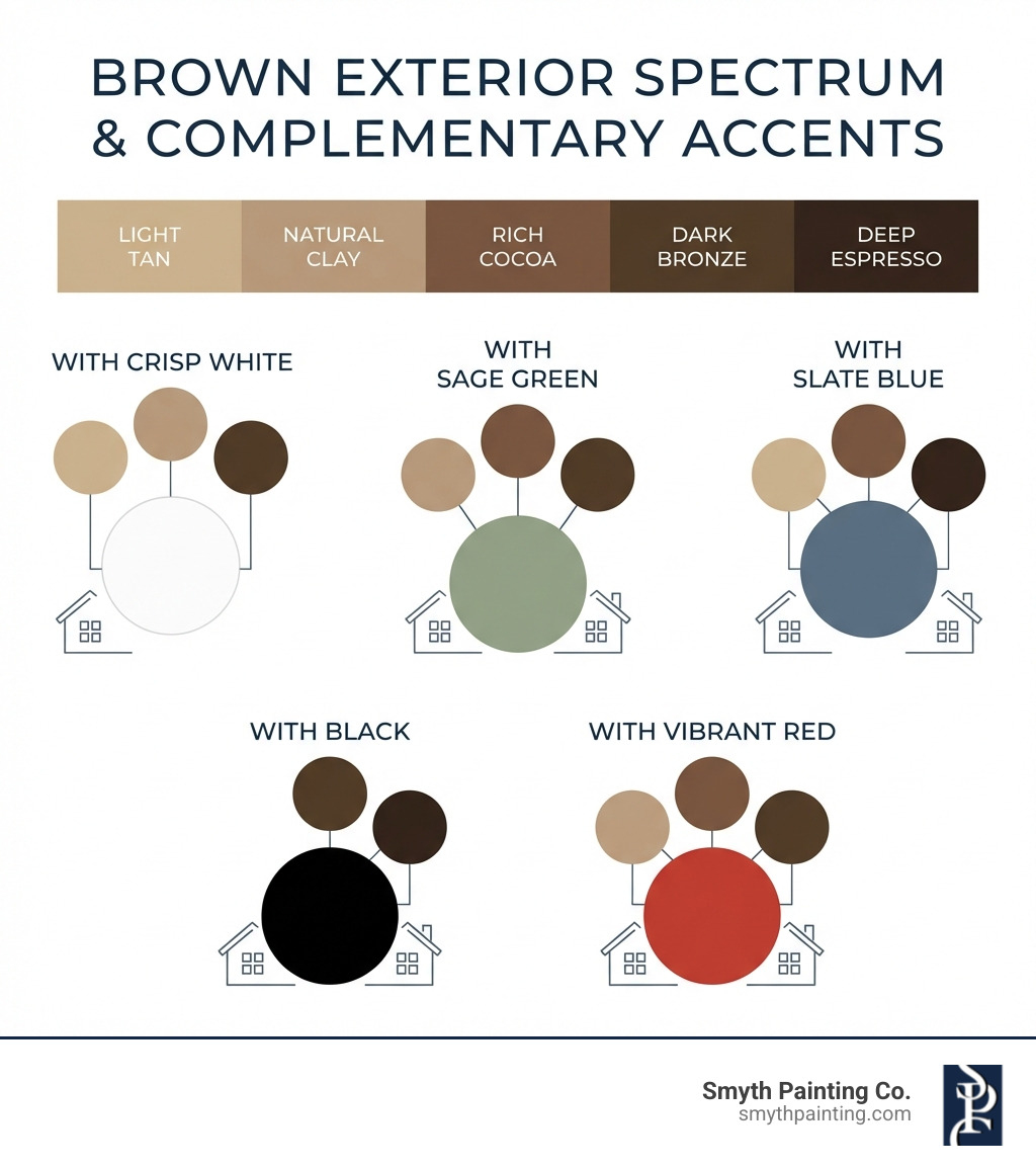 Infographic showing a spectrum of popular brown paint shades from light tan to deep espresso, with complementary accent colors including crisp white, sage green, slate blue, black, and vibrant red organized in color palette groupings - brown house exterior infographic Infographic showing a spectrum of popular brown paint shades from light tan to deep espresso, with complementary accent colors including crisp white, sage green, slate blue, black, and vibrant red organized in color palette groupings - brown house exterior infographic