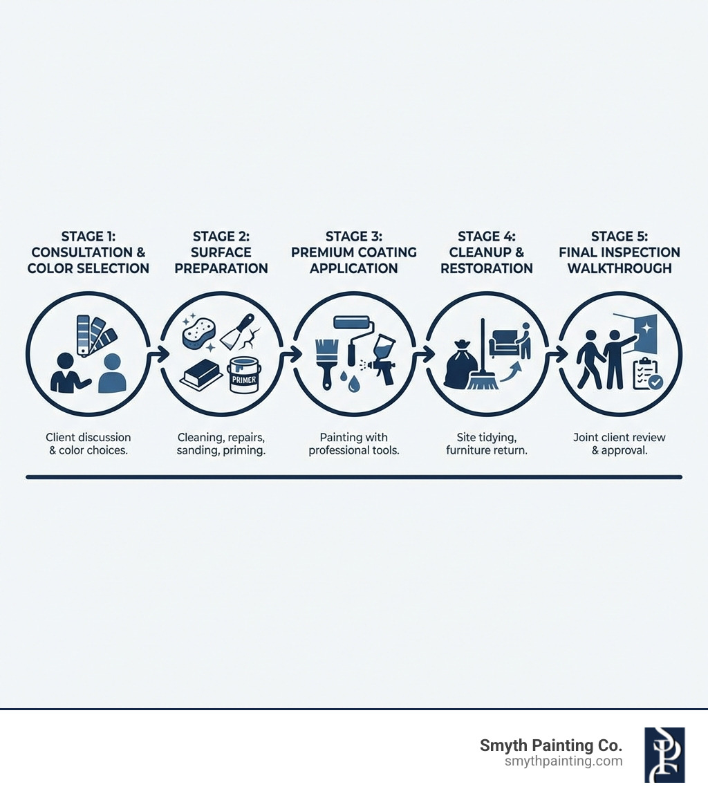 Infographic showing the 5 key stages of an interior painting project: Stage 1 - Consultation and color selection with the client, Stage 2 - Preparation including surface cleaning, repairs, sanding and priming, Stage 3 - Painting with brushes, rollers or spray equipment applying premium coatings, Stage 4 - Cleanup and furniture replacement, Stage 5 - Final inspection walkthrough with client - interior painter and decorator infographic Infographic showing the 5 key stages of an interior painting project: Stage 1 - Consultation and color selection with the client, Stage 2 - Preparation including surface cleaning, repairs, sanding and priming, Stage 3 - Painting with brushes, rollers or spray equipment applying premium coatings, Stage 4 - Cleanup and furniture replacement, Stage 5 - Final inspection walkthrough with client - interior painter and decorator infographic