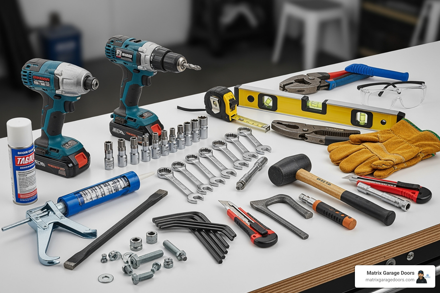 necessary tools and materials laid out neatly in a garage - steel garage door installation necessary tools and materials laid out neatly in a garage - steel garage door installation