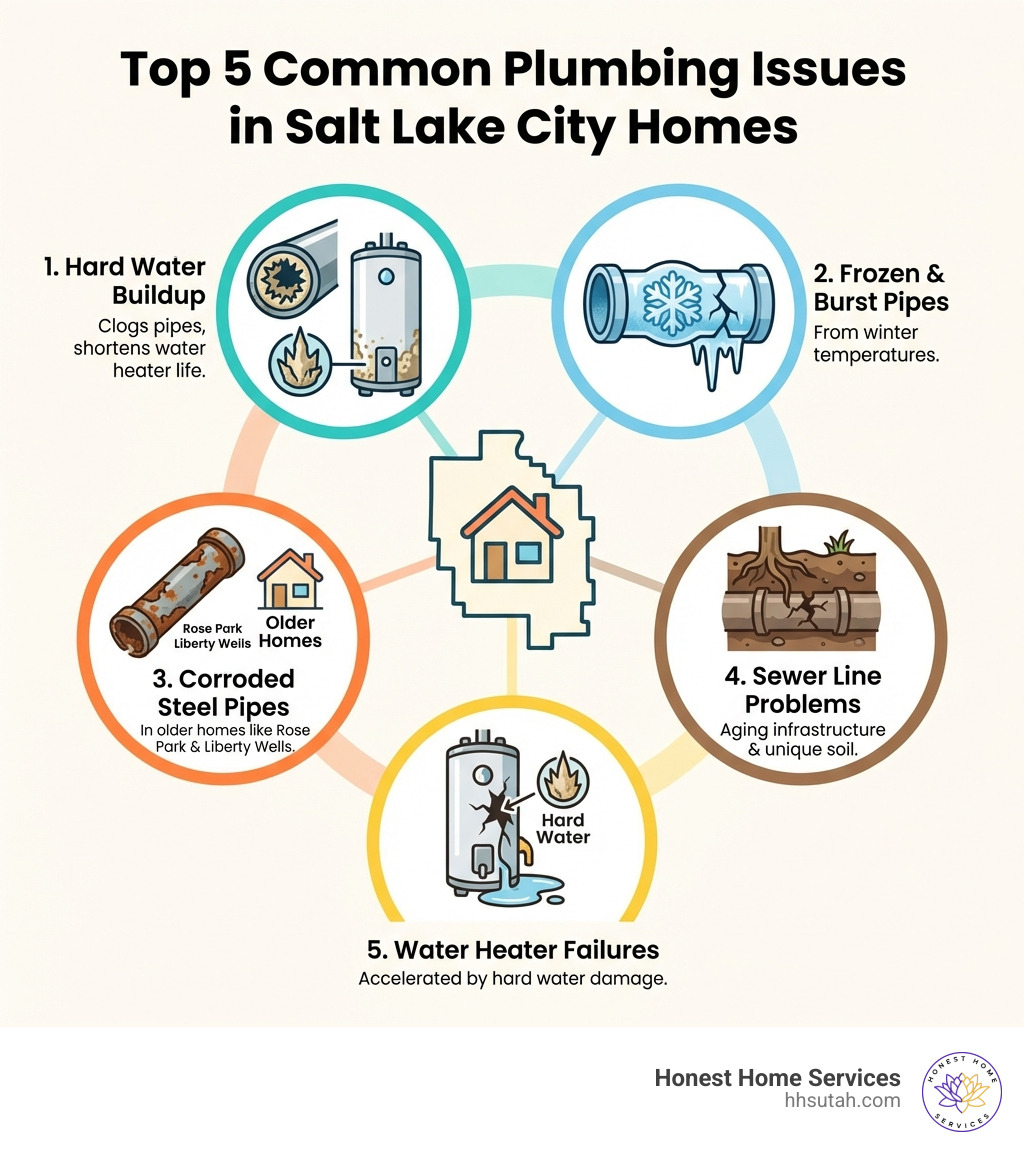 Infographic showing the top 5 most common plumbing issues in Salt Lake City homes: 1) Hard water buildup causing clogged pipes and shortened water heater lifespan, 2) Frozen and burst pipes from winter temperatures, 3) Corroded steel pipes in older homes like Rose Park and Liberty Wells, 4) Sewer line problems from aging infrastructure and unique soil conditions, 5) Water heater failures accelerated by hard water damage - Plumbing repairs salt lake city infographic Infographic showing the top 5 most common plumbing issues in Salt Lake City homes: 1) Hard water buildup causing clogged pipes and shortened water heater lifespan, 2) Frozen and burst pipes from winter temperatures, 3) Corroded steel pipes in older homes like Rose Park and Liberty Wells, 4) Sewer line problems from aging infrastructure and unique soil conditions, 5) Water heater failures accelerated by hard water damage - Plumbing repairs salt lake city infographic