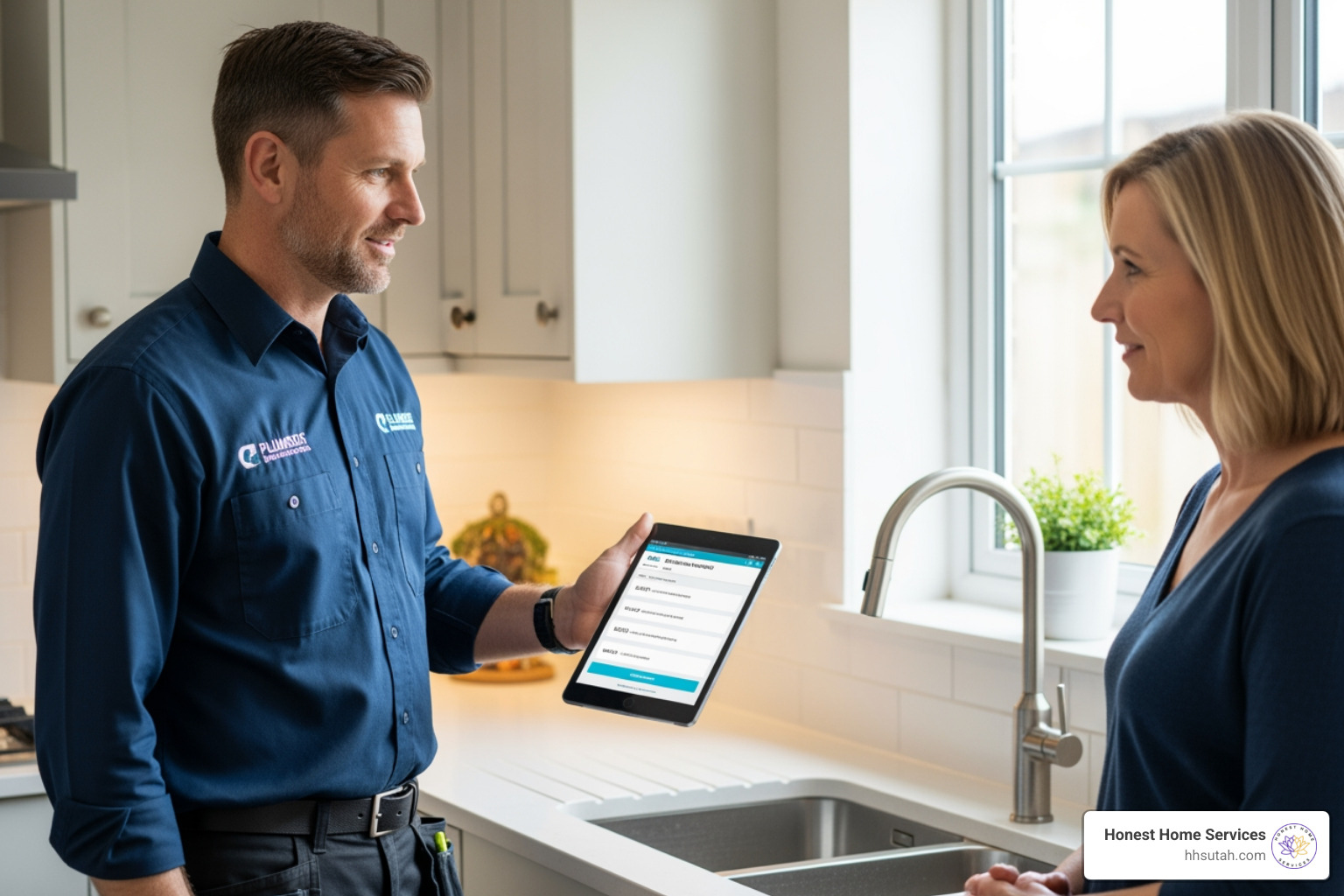 Plumber showing homeowner upfront price on tablet - Plumbing repairs salt lake city Plumber showing homeowner upfront price on tablet - Plumbing repairs salt lake city