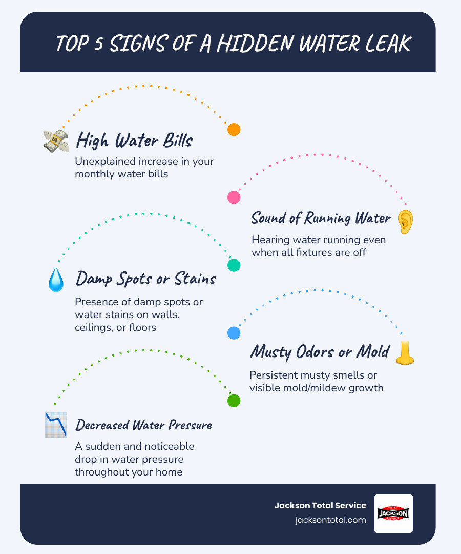 Infographic showing the top 5 signs of a hidden water leak: 1. Unexplained increase in water bills, 2. Sound of running water when all fixtures are off, 3. Damp spots or water stains on walls, ceilings, or floors, 4. Musty odors or visible mold growth, 5. Sudden decrease in water pressure throughout the home - leak repair in fort myers fl infographic infographic-line-5-steps-blues-accent_colors Infographic showing the top 5 signs of a hidden water leak: 1. Unexplained increase in water bills, 2. Sound of running water when all fixtures are off, 3. Damp spots or water stains on walls, ceilings, or floors, 4. Musty odors or visible mold growth, 5. Sudden decrease in water pressure throughout the home - leak repair in fort myers fl infographic infographic-line-5-steps-blues-accent_colors