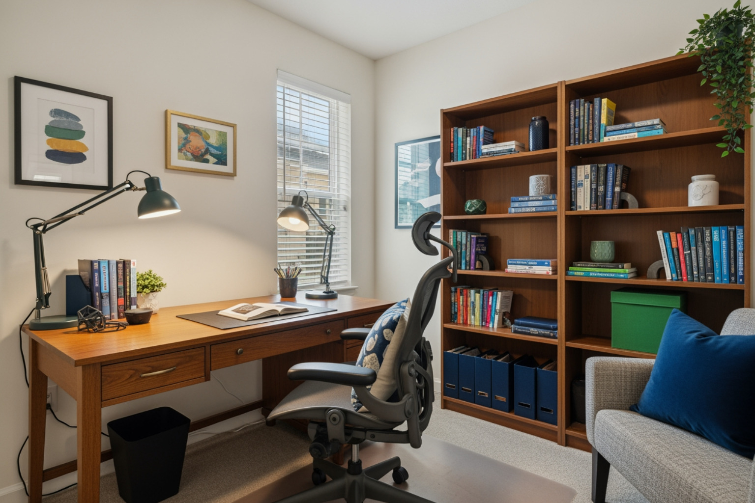 A well-equipped home office or study nook within a rental property, featuring a large desk, ergonomic chair, bookshelves, and good lighting, with subtle brand colors - University accommodation Sydney for visiting fellow
