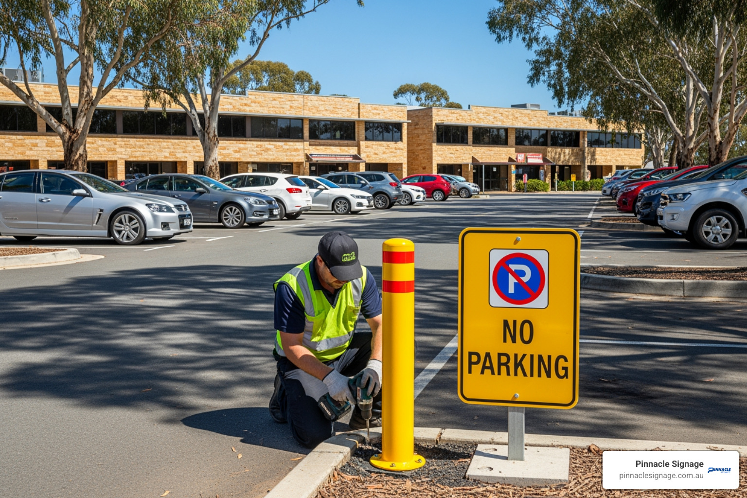 Bollard sign being installed in a commercial setting in Australia - bollard no parking sign
