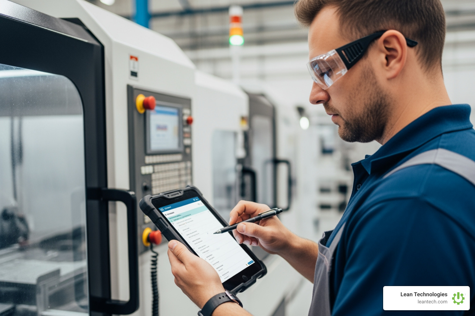 Operator updating a work order on a tablet at the machine - shopfloor software