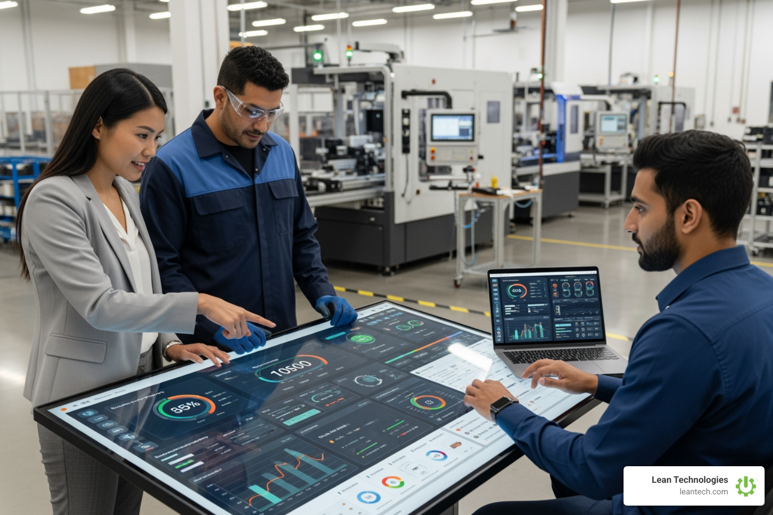Diverse team (manager, operator, IT) reviewing a digital dashboard together - shopfloor software