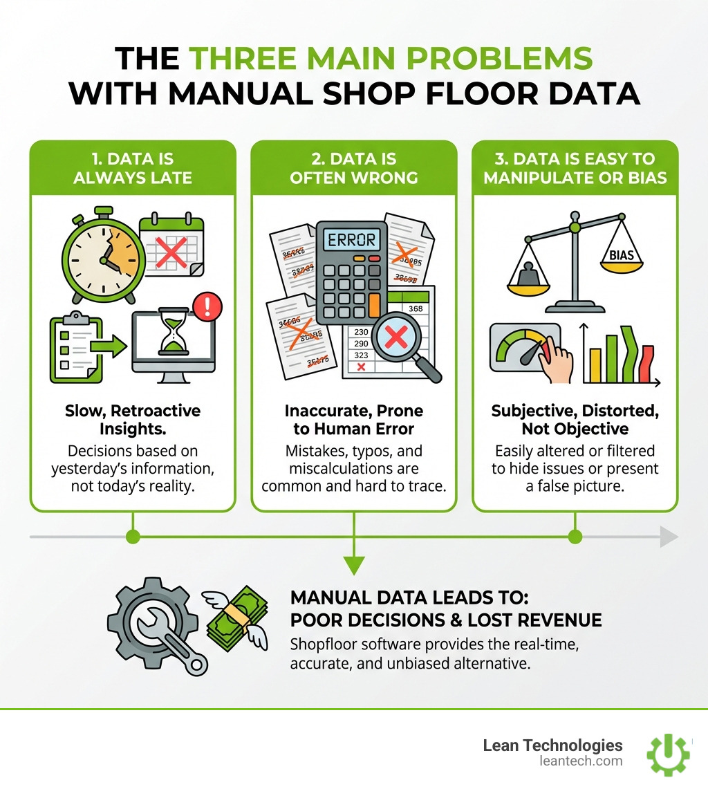 infographic showing three main problems with manual shop floor data: data is always late, data is often wrong, and data is easy to manipulate or bias - shopfloor software infographic