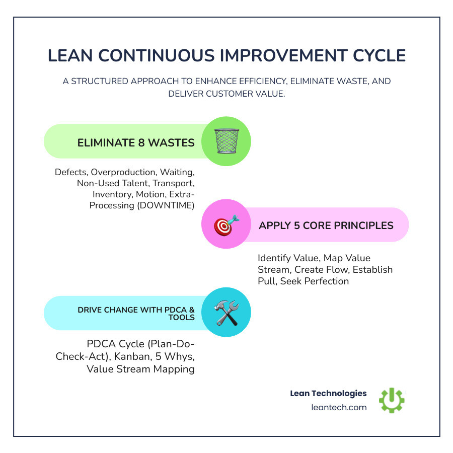 infographic explaining the continuous improvement cycle with the 8 wastes of lean, the 5 core principles (identify value, map value stream, create flow, establish pull, seek perfection), and the PDCA cycle with key tools like Kanban, 5 Whys, and Value Stream Mapping - continuous improvement lean management infographic infographic-line-3-steps-colors infographic explaining the continuous improvement cycle with the 8 wastes of lean, the 5 core principles (identify value, map value stream, create flow, establish pull, seek perfection), and the PDCA cycle with key tools like Kanban, 5 Whys, and Value Stream Mapping - continuous improvement lean management infographic infographic-line-3-steps-colors
