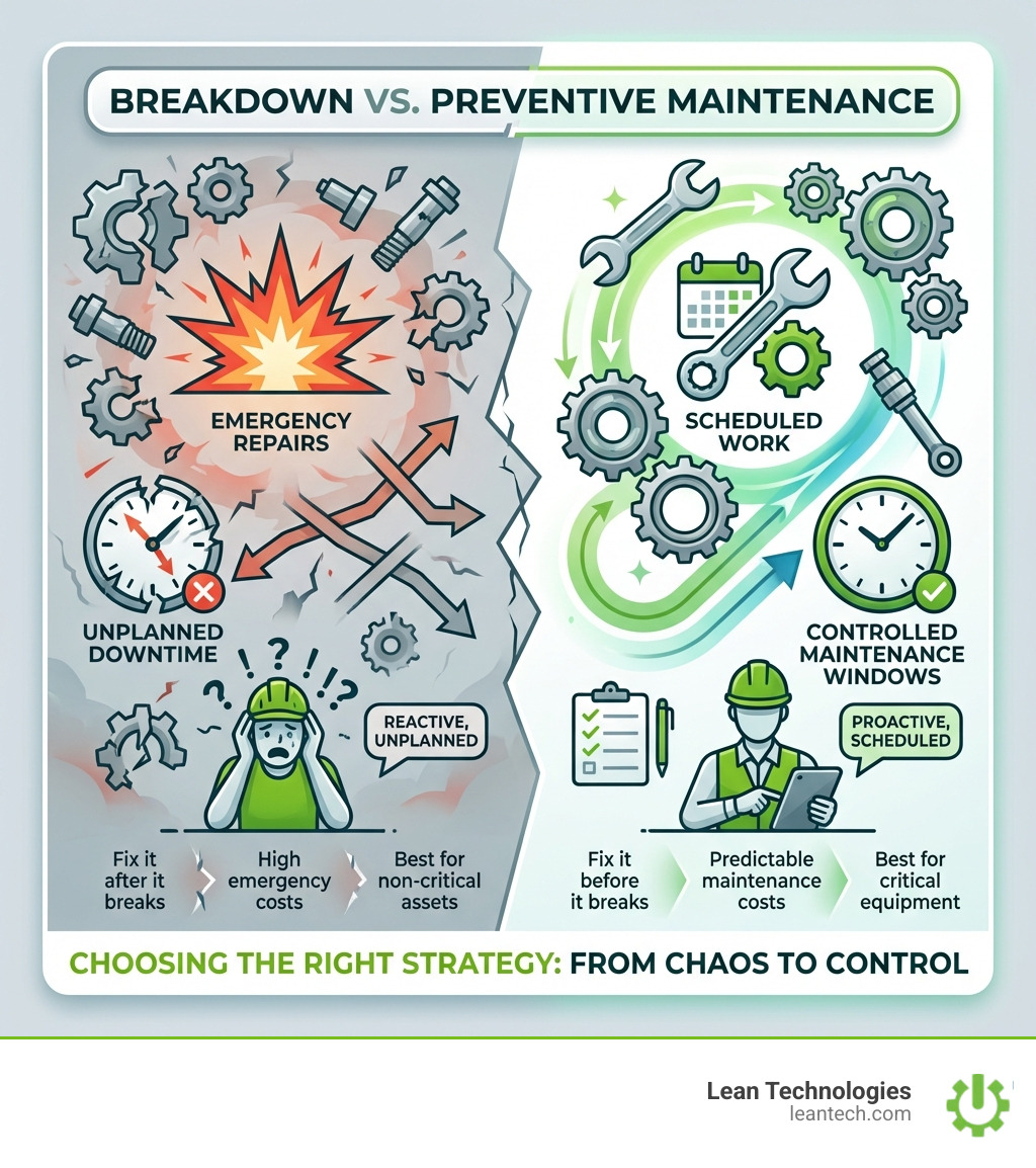infographic comparing breakdown maintenance showing chaos with emergency repairs and unplanned downtime versus preventive maintenance showing calm with scheduled work and controlled maintenance windows - breakdown and preventive maintenance infographic 