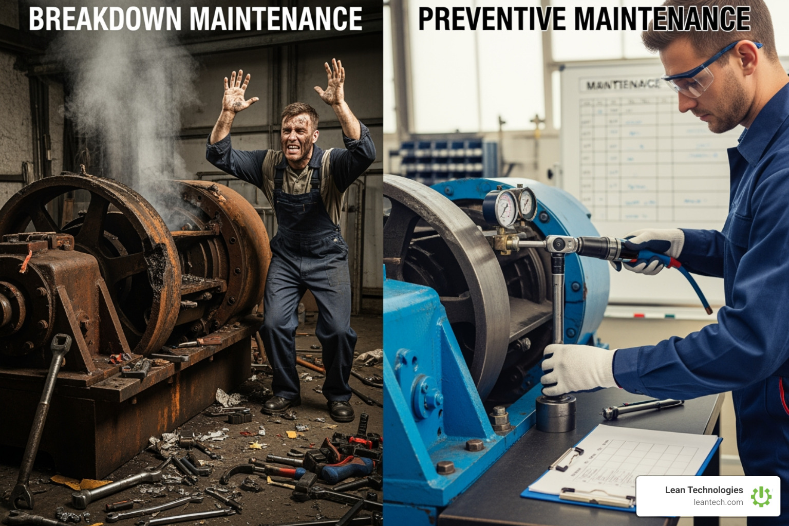 stack of invoices for emergency repairs versus a steady, predictable maintenance log - breakdown and preventive maintenance
