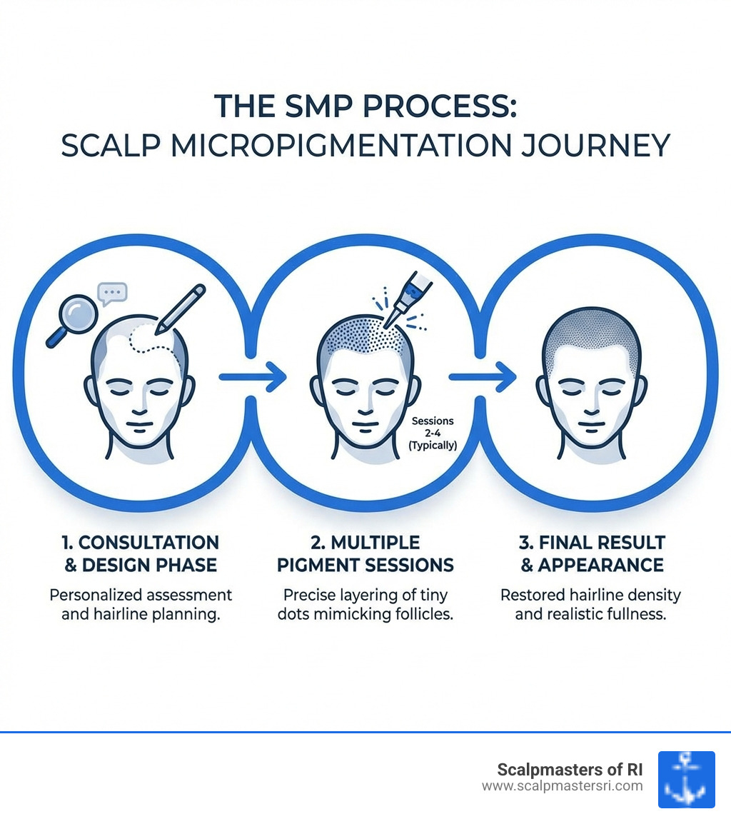 Infographic showing the SMP process: consultation and design phase, multiple pigment application sessions creating tiny dots on the scalp that mimic hair follicles, and the final result showing restored hairline density and appearance - head tattoo for alopecia infographic Infographic showing the SMP process: consultation and design phase, multiple pigment application sessions creating tiny dots on the scalp that mimic hair follicles, and the final result showing restored hairline density and appearance - head tattoo for alopecia infographic