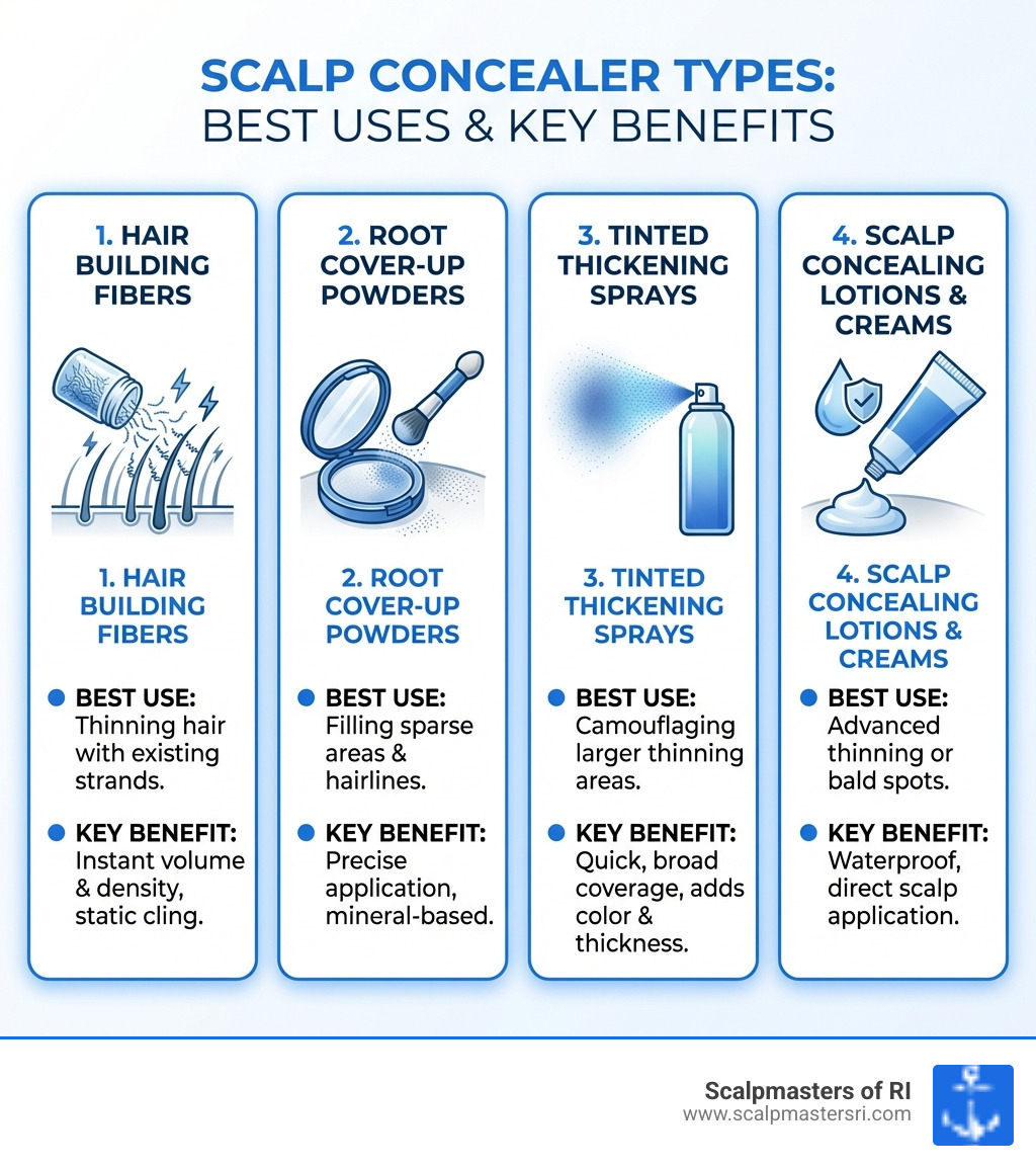 infographic showing four types of scalp concealers with icons: hair fibers with keratin strands, powder compact with applicator, spray bottle, and cream tube, each labeled with their best use cases and key benefits - balding cover up infographic infographic showing four types of scalp concealers with icons: hair fibers with keratin strands, powder compact with applicator, spray bottle, and cream tube, each labeled with their best use cases and key benefits - balding cover up infographic