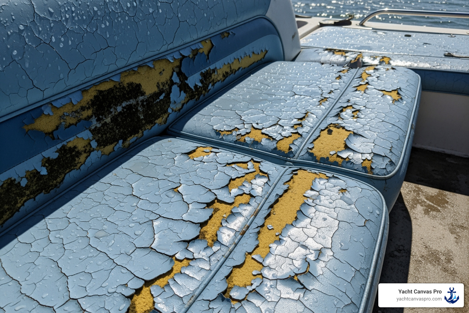 Faded, cracked, and mildew-stained vinyl boat seats - boat interior restoration near me