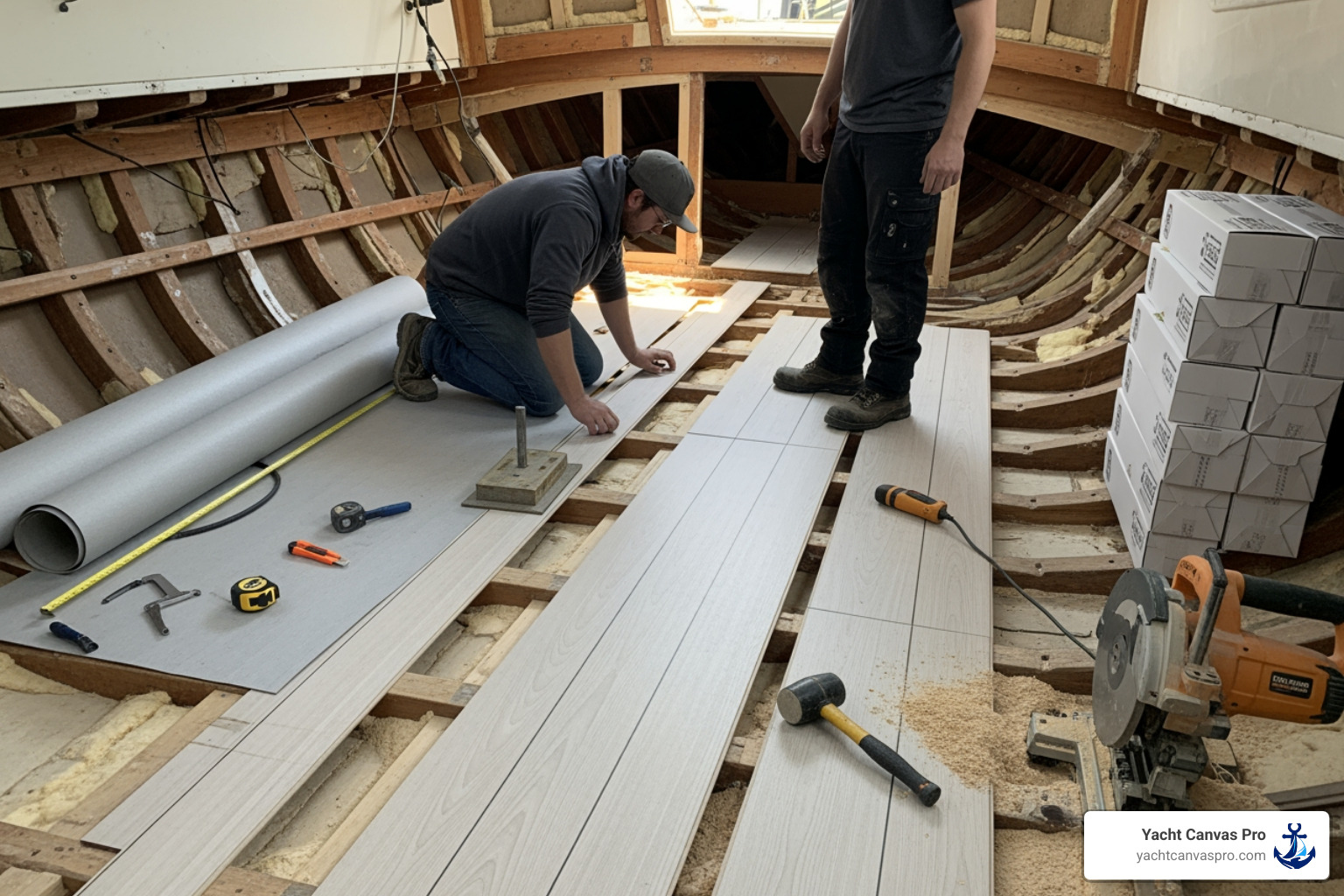 A boat interior mid-restoration, showing new flooring being installed - boat interior restoration near me