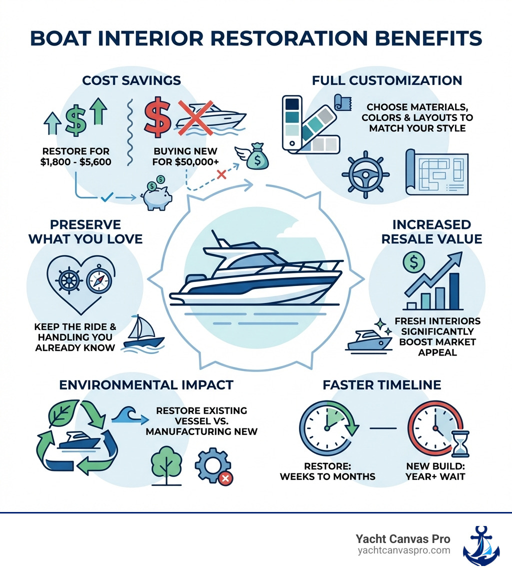Infographic showing boat interior restoration benefits: Cost Savings (restore for $1,800-$5,600 vs. buying new for $50,000+), Full Customization (choose your own materials, colors, and layouts to match your style), Increased Resale Value (fresh interiors significantly boost market appeal), Faster Timeline (weeks to months vs. year+ wait for new builds), Environmental Impact (restore existing vessel vs. manufacturing new), and Preserve What You Love (keep the ride and handling you already know) - boat interior restoration near me infographic 