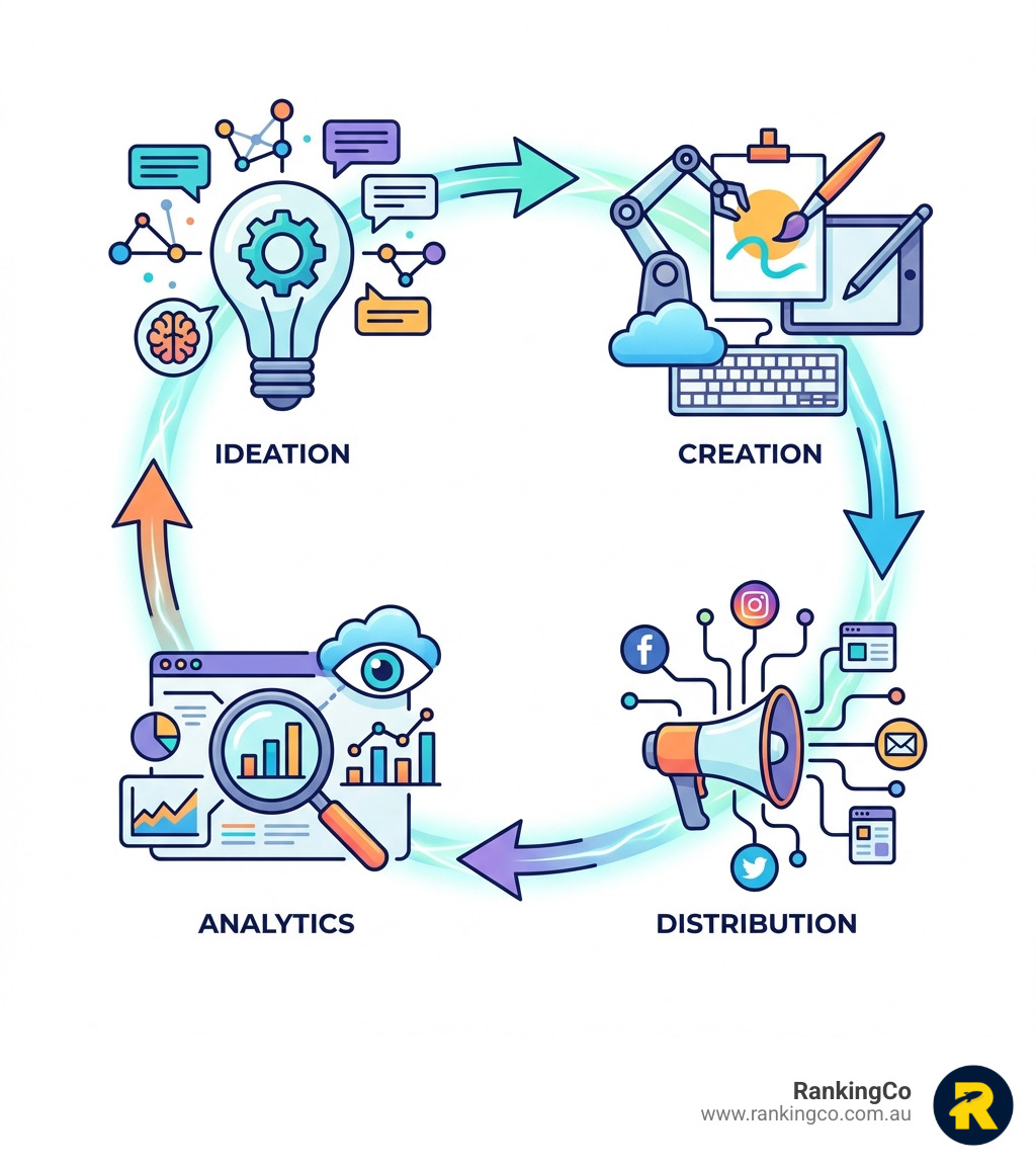 Infographic explaining the AI-powered content lifecycle from ideation and creation to distribution and analytics - AI content solutions infographic Infographic explaining the AI-powered content lifecycle from ideation and creation to distribution and analytics - AI content solutions infographic