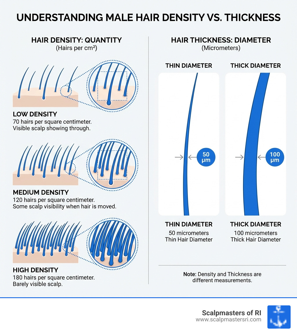 infographic showing a comparison of low density scalp (70 hairs per square centimeter with visible scalp showing through), medium density scalp (120 hairs per square centimeter with some scalp visibility when hair is moved), and high density scalp (180 hairs per square centimeter with barely visible scalp), alongside a comparison showing thin hair diameter (50 micrometers) versus thick hair diameter (100 micrometers) to illustrate that density and thickness are different measurements - male hair density infographic 