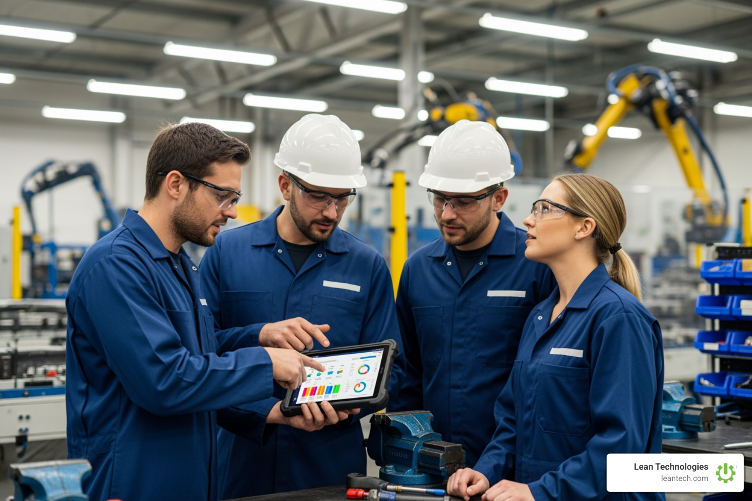 A team collaborating around a tablet on the shop floor, reviewing data - manufacturing risk mitigation A team collaborating around a tablet on the shop floor, reviewing data - manufacturing risk mitigation