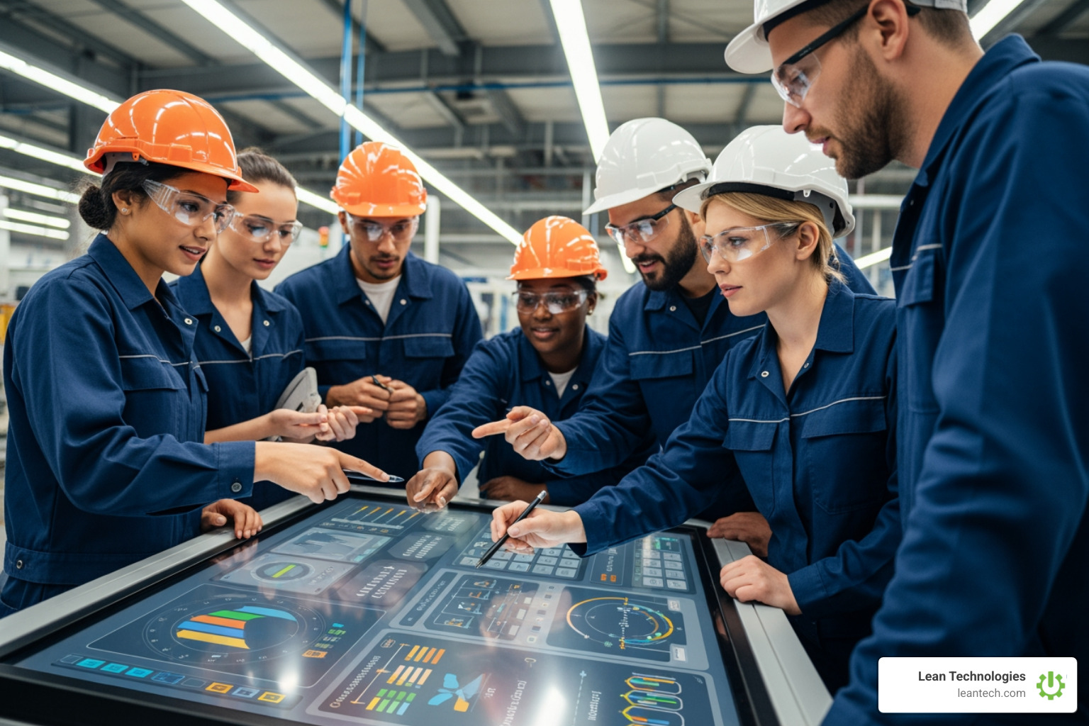 Diverse team collaborating around a digital dashboard on the shop floor. Practical steps. Actionable process. - corrective action management