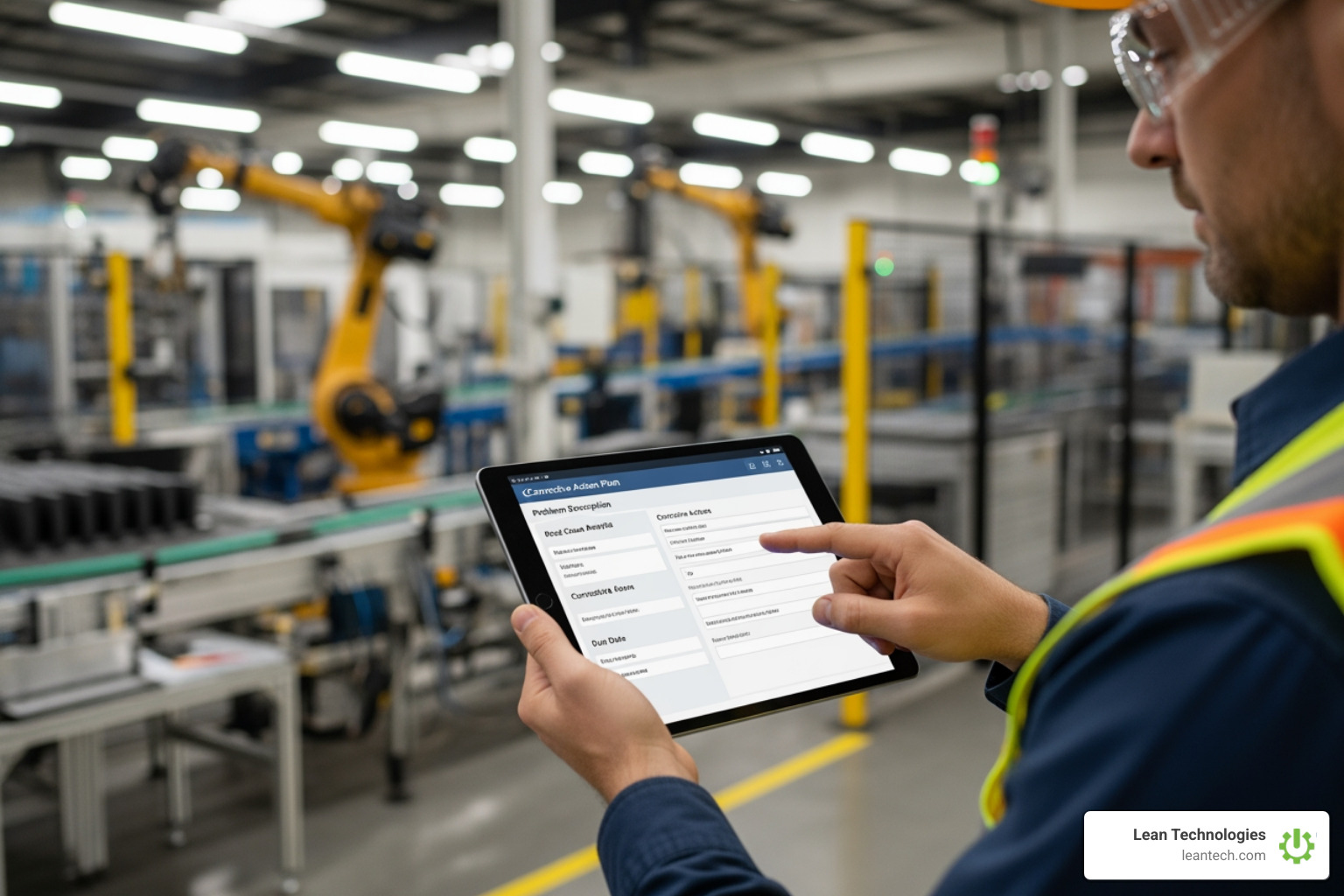 Digital corrective action plan on a tablet, right on the shop floor. Standardized process. Clear accountability. Closing the loop—every time. - corrective action management