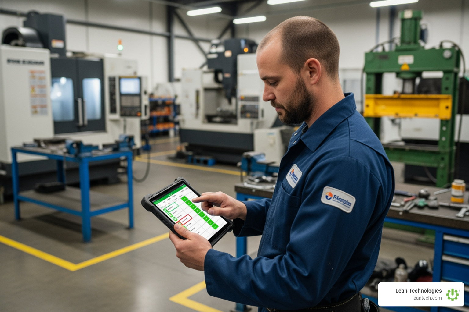 A maintenance technician on a shop floor using a tablet to check off items on a digital preventive maintenance checklist for a piece of industrial machinery. - preventive maintenance A maintenance technician on a shop floor using a tablet to check off items on a digital preventive maintenance checklist for a piece of industrial machinery. - preventive maintenance