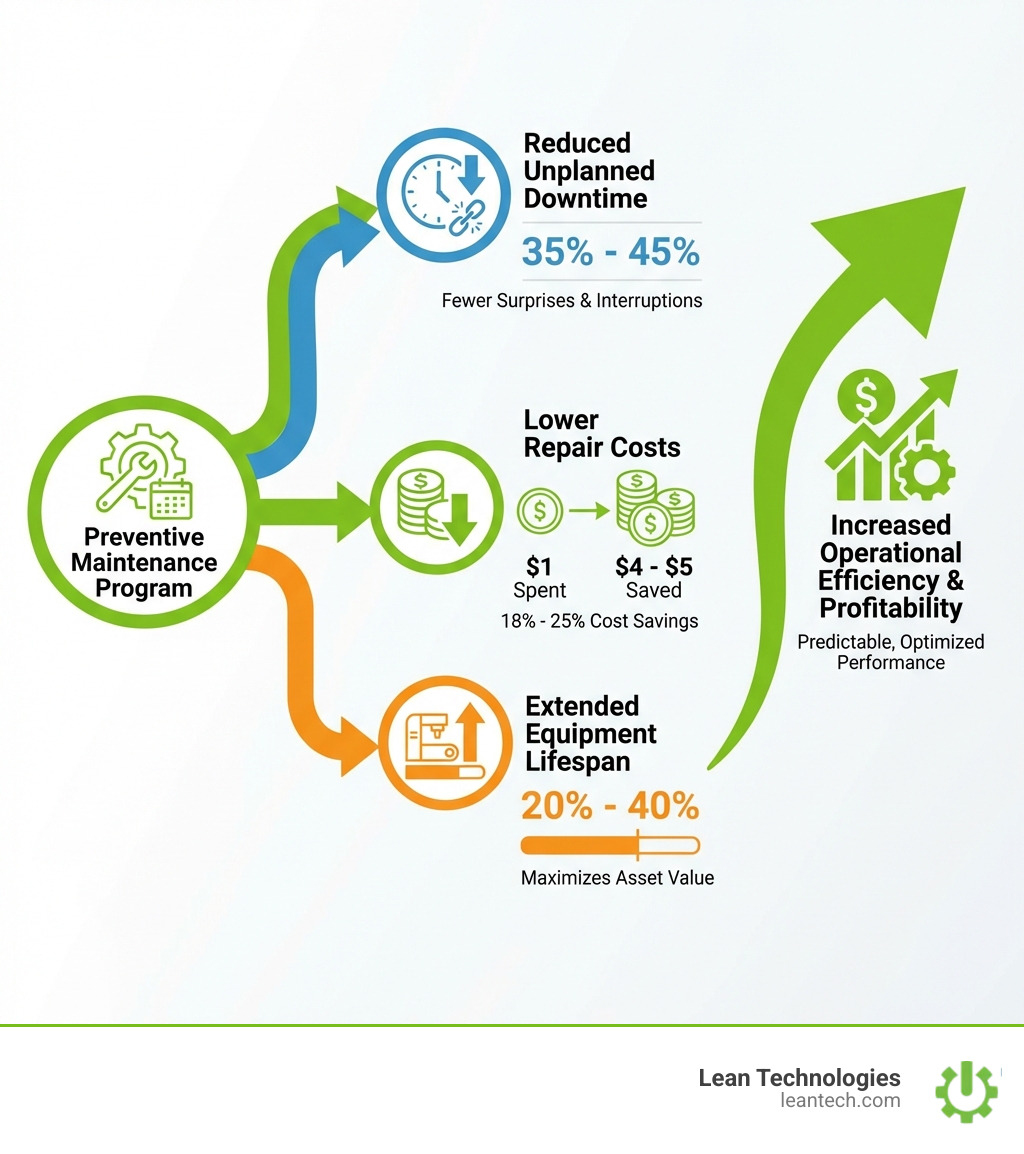 Chart showing how a preventive maintenance program leads to reduced unplanned downtime, lower repair costs, and extended equipment lifespan, ultimately increasing operational efficiency and profitability. - preventive maintenance infographic Chart showing how a preventive maintenance program leads to reduced unplanned downtime, lower repair costs, and extended equipment lifespan, ultimately increasing operational efficiency and profitability. - preventive maintenance infographic
