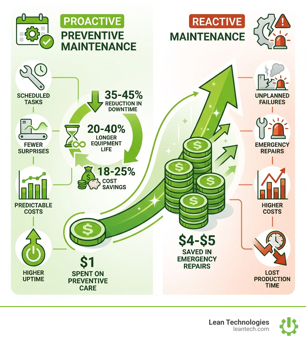 Infographic comparing proactive preventive maintenance (scheduled tasks, fewer surprises, predictable costs, higher uptime) versus reactive maintenance (unplanned failures, emergency repairs, higher costs, lost production time). Shows the cost curve demonstrating that $1 spent on preventive care saves $4-$5 in emergency repairs, and highlights key benefits: 35-45% reduction in downtime, 20-40% longer equipment life, and 18-25% cost savings. - preventive maintenance infographic Infographic comparing proactive preventive maintenance (scheduled tasks, fewer surprises, predictable costs, higher uptime) versus reactive maintenance (unplanned failures, emergency repairs, higher costs, lost production time). Shows the cost curve demonstrating that $1 spent on preventive care saves $4-$5 in emergency repairs, and highlights key benefits: 35-45% reduction in downtime, 20-40% longer equipment life, and 18-25% cost savings. - preventive maintenance infographic