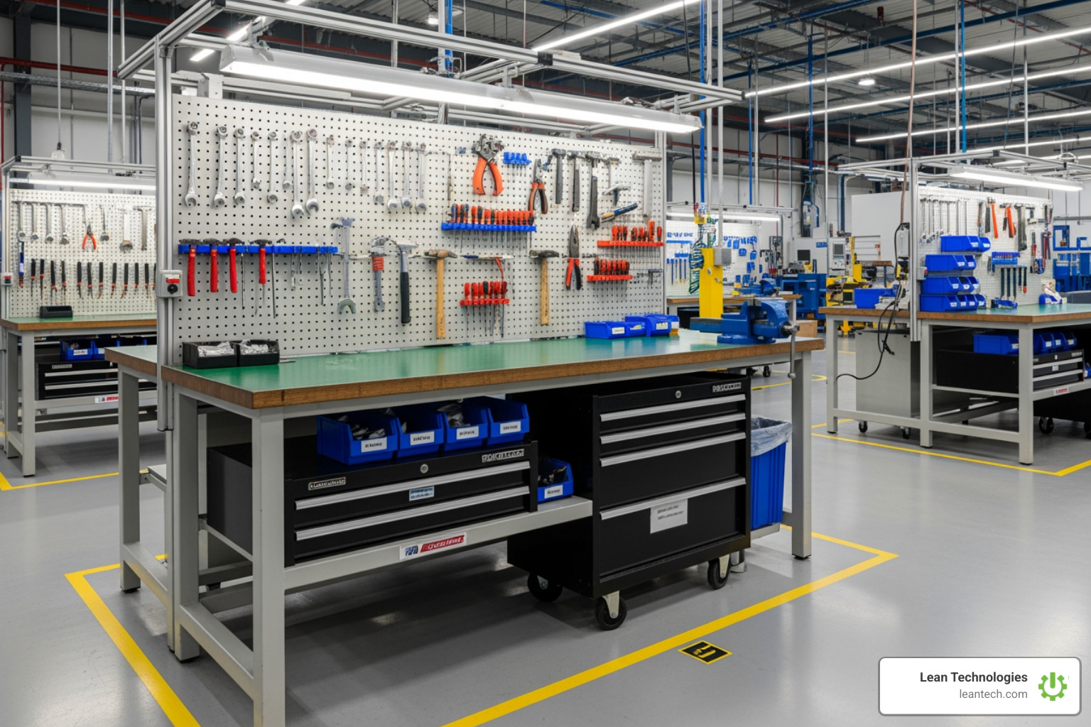A workstation on a manufacturing floor with tools neatly organized and labeled on pegboards, clear pathways, and a shadow board, illustrating the "after" state of a 5S implementation. - continuous improvement tools in manufacturing A workstation on a manufacturing floor with tools neatly organized and labeled on pegboards, clear pathways, and a shadow board, illustrating the "after" state of a 5S implementation. - continuous improvement tools in manufacturing