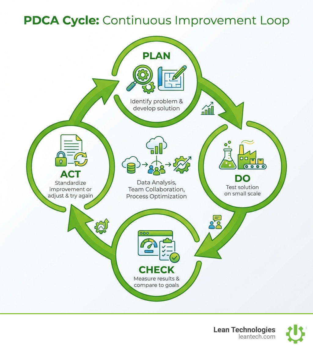 Infographic showing the PDCA cycle: Plan (Identify the problem and develop a solution), Do (Test the solution on a small scale), Check (Measure results and compare to goals), Act (Standardize the improvement or adjust and try again). Arrows connect each step in a continuous loop, with icons representing data analysis, team collaboration, and process optimization. - continuous improvement tools in manufacturing infographic Infographic showing the PDCA cycle: Plan (Identify the problem and develop a solution), Do (Test the solution on a small scale), Check (Measure results and compare to goals), Act (Standardize the improvement or adjust and try again). Arrows connect each step in a continuous loop, with icons representing data analysis, team collaboration, and process optimization. - continuous improvement tools in manufacturing infographic