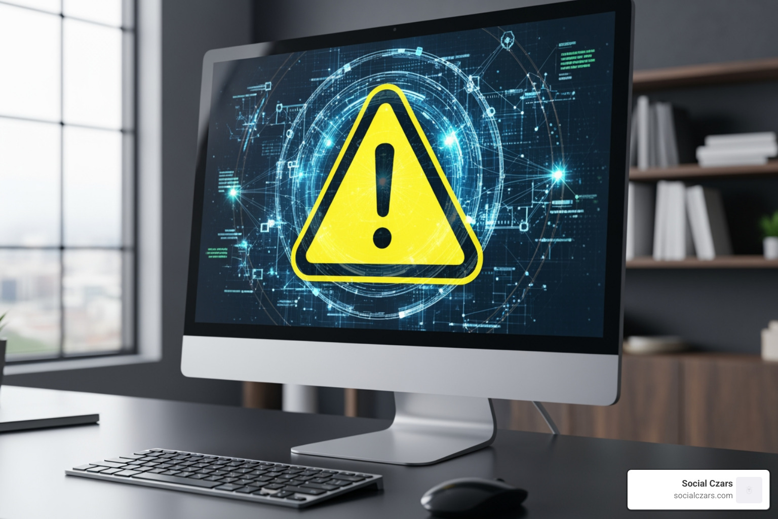 A warning sign icon over a computer screen with A warning sign icon over a computer screen with