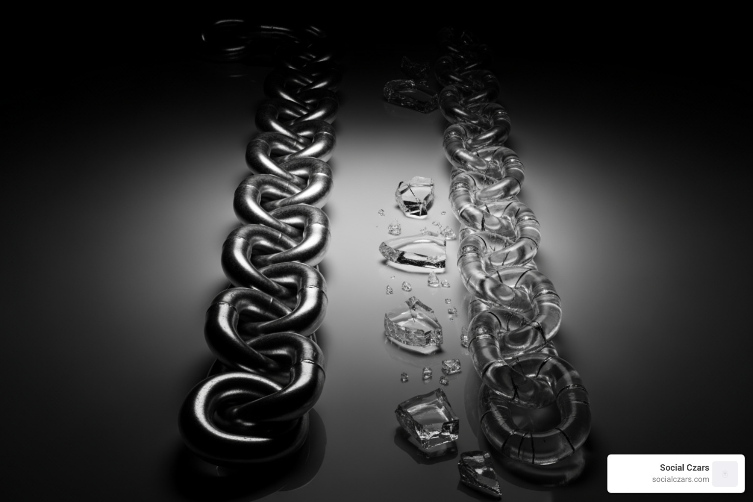 A visual representation contrasting a 'dofollow' link (a strong, visible chain) with a 'nofollow' link (a broken, transparent chain) to illustrate the difference in how search engines treat them. - Wikipedia SEO