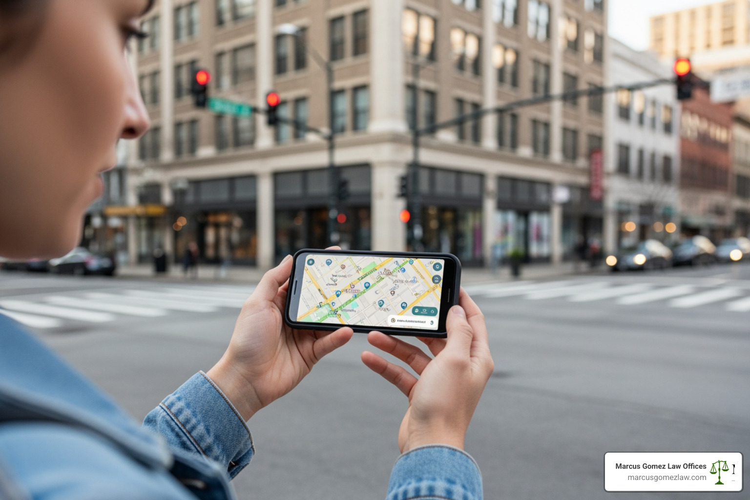 person using map on phone to find local businesses - divorce attorney near