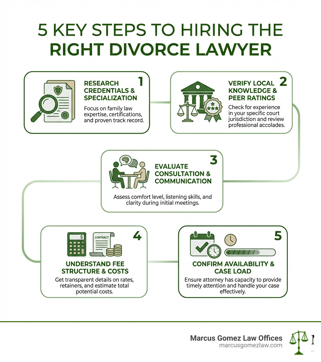 infographic showing 5 key steps to hiring a divorce lawyer: 1. Research credentials and specialization in family law, 2. Verify local court knowledge and peer ratings, 3. Evaluate consultation approach and communication style, 4. Understand fee structure and total cost estimates, 5. Confirm attorney availability and case load - divorce attorney near infographic 