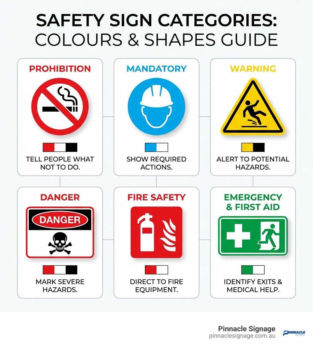Infographic guide to Australian safety signs Wagga Wagga, detailing colour coding and symbols.