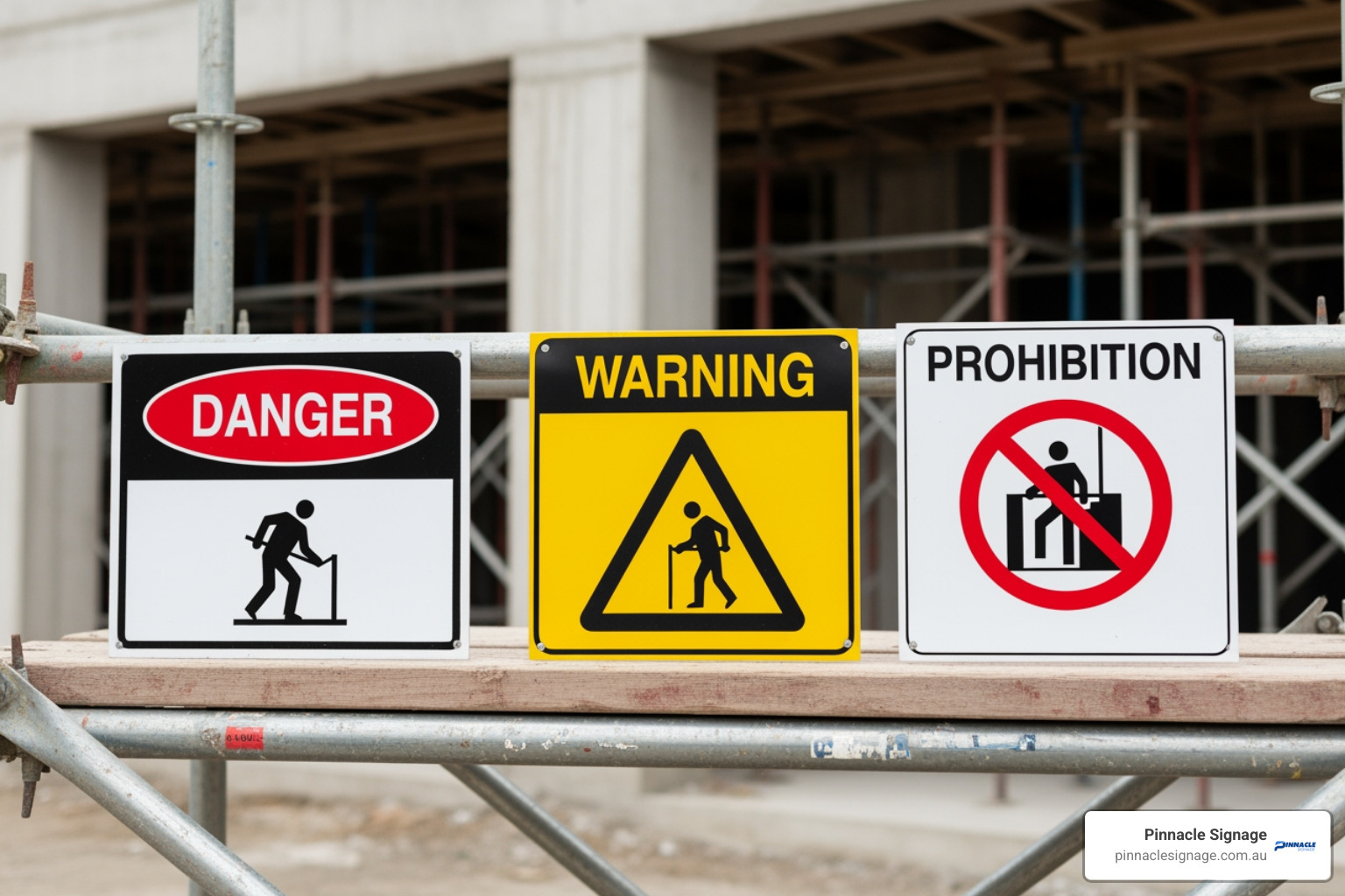 A gallery showcasing 'Danger', 'Warning', and 'Prohibition' style incomplete scaffold signs - incomplete scaffold signage