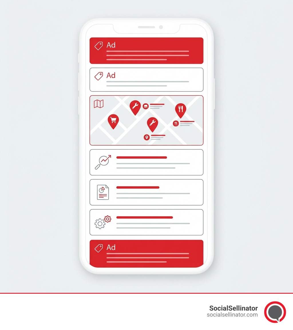 infographic showing the difference between organic search results appearing in the middle of the page, local map pack results showing three businesses with locations, and paid ads marked with ad labels at top and bottom - affordable seo firm near me infographic 