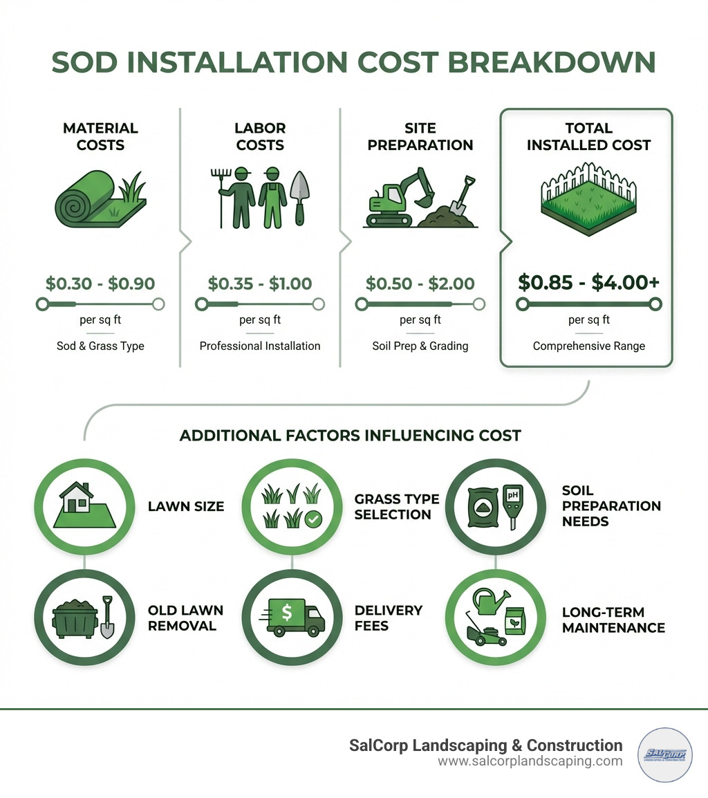 Comprehensive breakdown of sod installation costs showing material costs ($0.30-$0.90 per sq ft), labor costs ($0.35-$1.00 per sq ft), site preparation ($0.50-$2.00 per sq ft), and total installed cost range ($0.85-$4.00+ per sq ft), with additional factors including lawn size, grass type selection, soil preparation needs, old lawn removal, delivery fees, and long-term maintenance considerations - cost to have sod installed infographic 