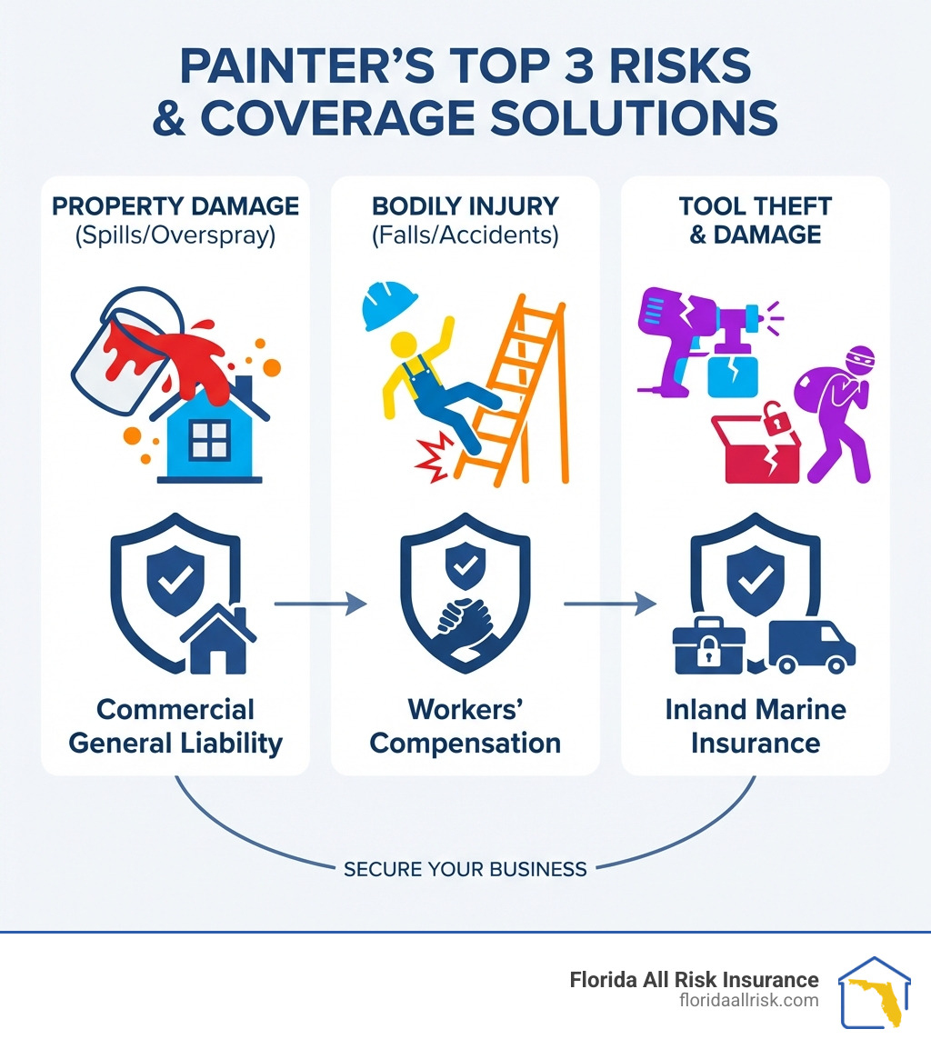 Infographic illustrating the top 3 risks for painters: property damage from paint spills or overspray with Commercial General Liability coverage, bodily injury from falls or accidents with Workers Compensation coverage, and tool theft or equipment damage with Inland Marine Insurance coverage - business insurance for painters infographic 