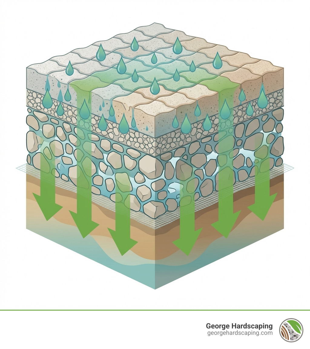 Detailed cross-section infographic of a permeable pavement system showing layers from top to bottom: permeable surface layer with water droplets filtering through, aggregate bedding course, open-graded stone reservoir base with void spaces, optional geotextile fabric, and native soil subgrade with arrows indicating water infiltration into groundwater - pervious driveway materials infographic 
