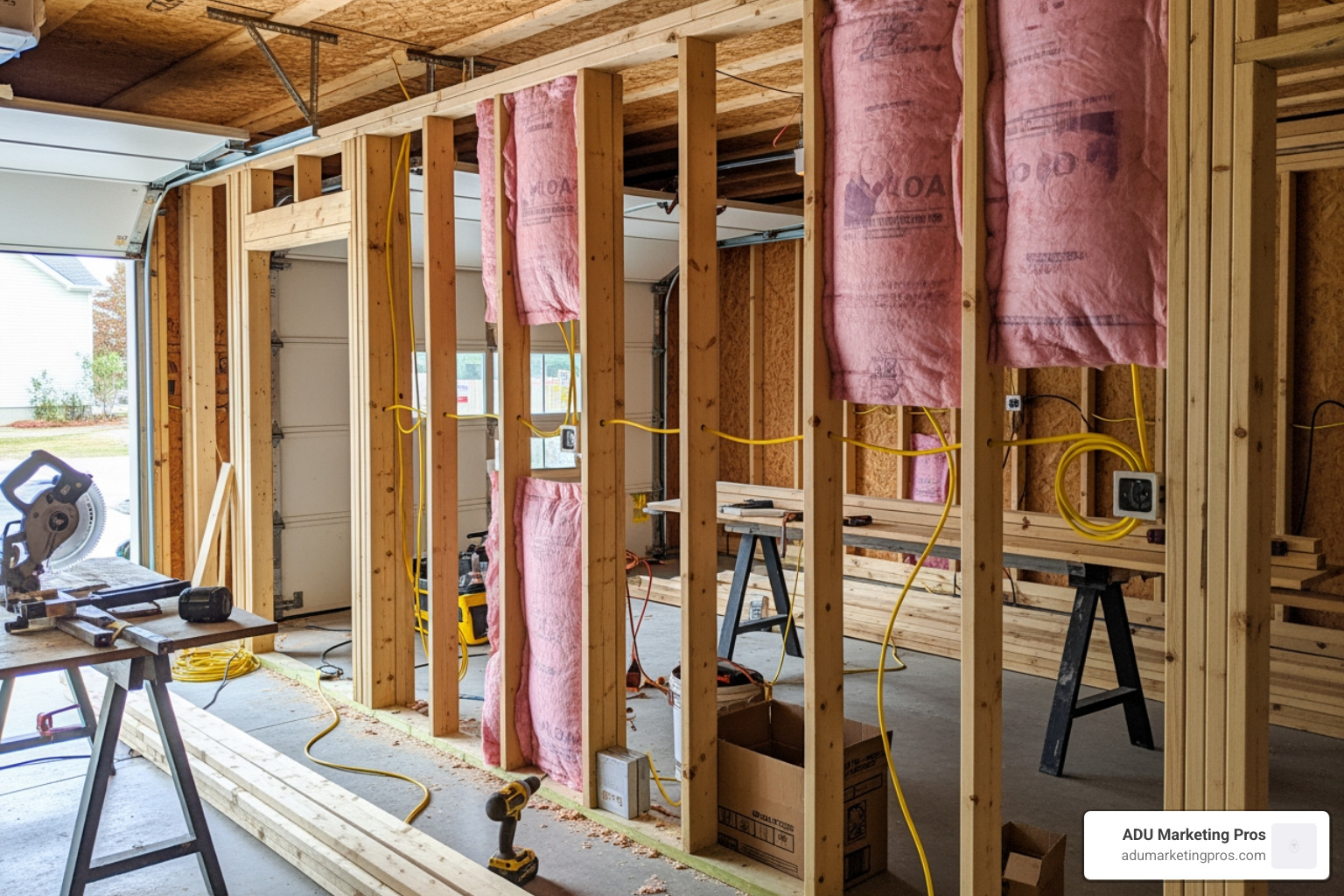 Garage mid-construction, showing a newly framed partition wall, electrical wiring rough-in, and insulation being installed in the wall cavities. - convert half garage into room