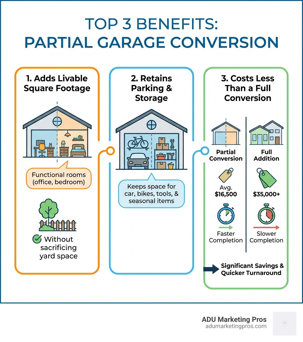 Infographic showing the top 3 benefits of a partial garage conversion: 1. Adds Livable Square Footage - creates functional rooms like offices or bedrooms without sacrificing yard space. 2. Retains Parking & Storage - keeps at least one car space or room for bikes, tools, and seasonal items. 3. Costs Less Than a Full Conversion - averages $16,500 vs. $35,000+ for a full addition, with faster completion times. - convert half garage into room infographic 