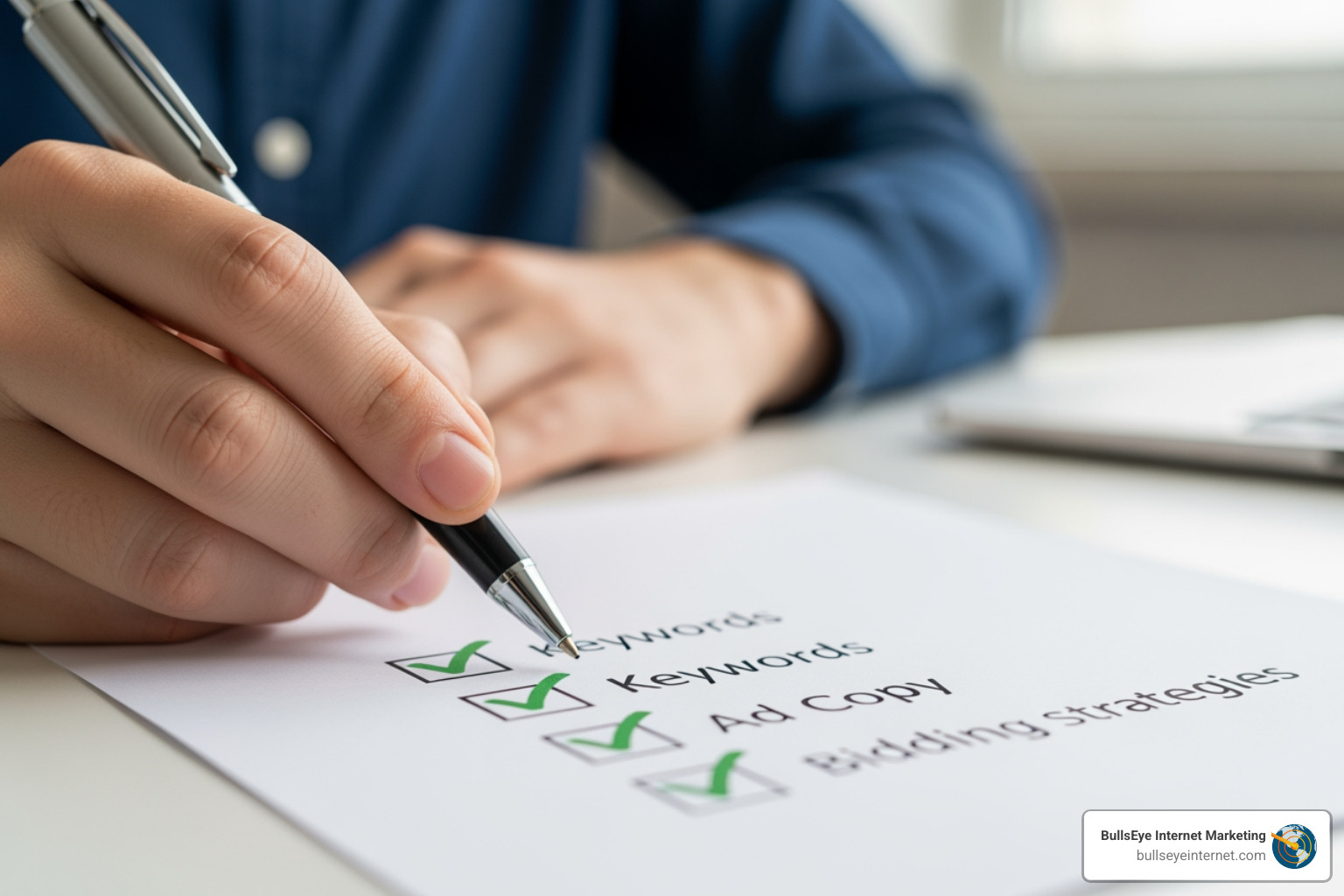 of a checklist with items like "Keywords," "Ad Copy," and "Bids" - pay per click audit