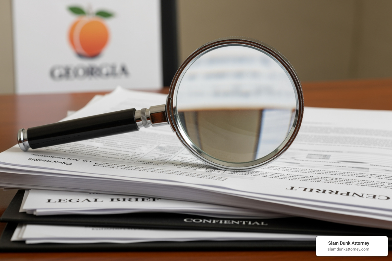 A magnifying glass over a stack of medical records and legal documents, with a Georgia peach logo subtly in the background - how long does a nursing home lawsuit take
