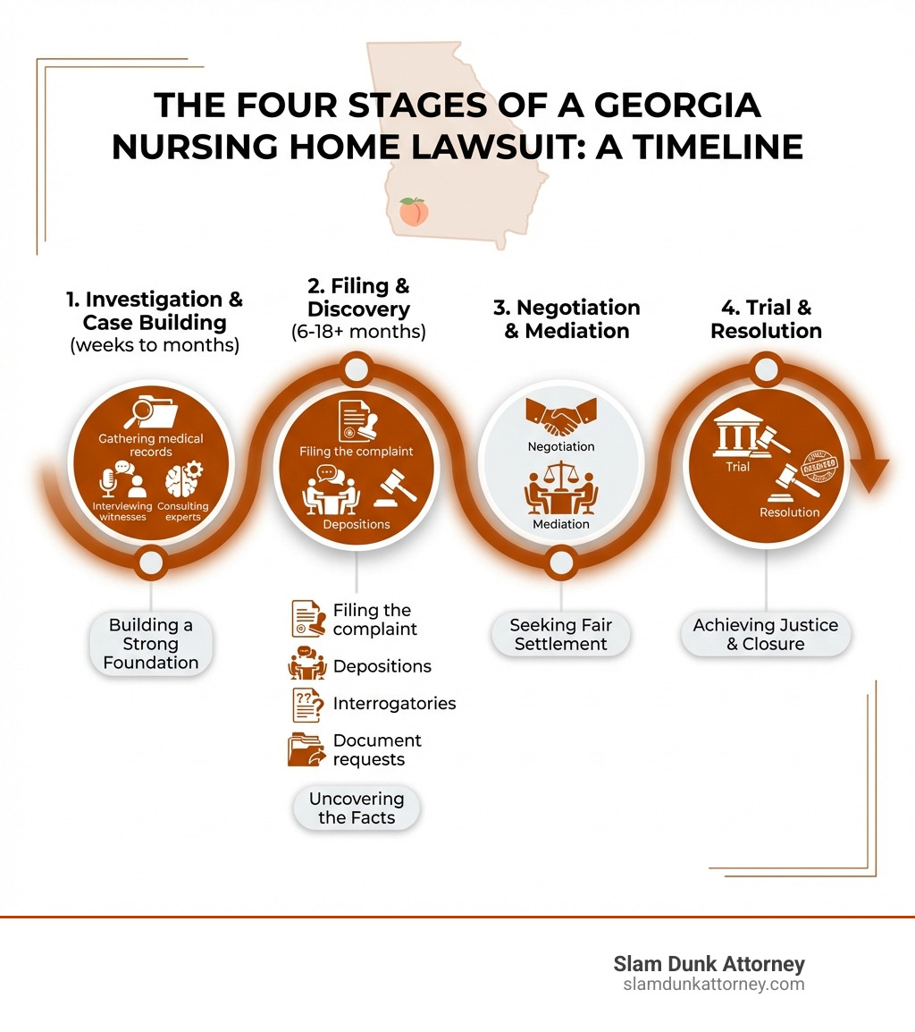 Infographic showing the four main stages of a Georgia nursing home lawsuit: 1. Investigation & Case Building (weeks to months) - gathering medical records, interviewing witnesses, consulting experts; 2. Filing & Discovery (6-18+ months) - filing the complaint, depositions, interrogatories, document requests; 3. Negotiation & Mediation, 4. Trial & Resolution - how long does a nursing home lawsuit take infographic 