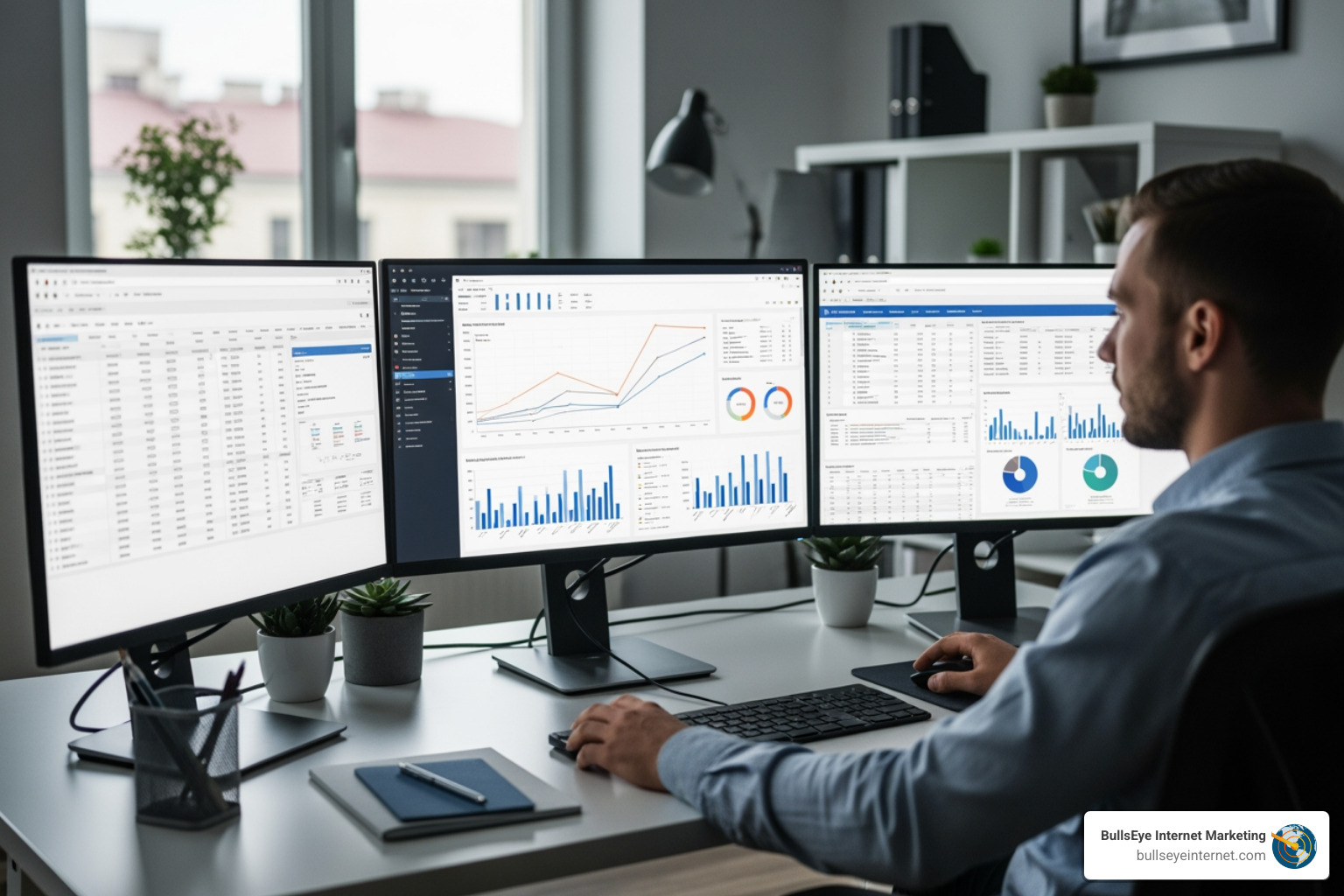 Professional analyzing PPC data on multiple monitors, displaying charts and performance metrics for strategic advertising insights, with a focus on optimizing ROI for BullsEye Internet Marketing.