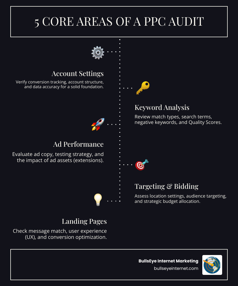 5 core areas of a PPC audit infographic highlighting account settings, keyword analysis, ad performance, targeting and bidding, and landing pages, with Bullseye Internet Marketing branding.