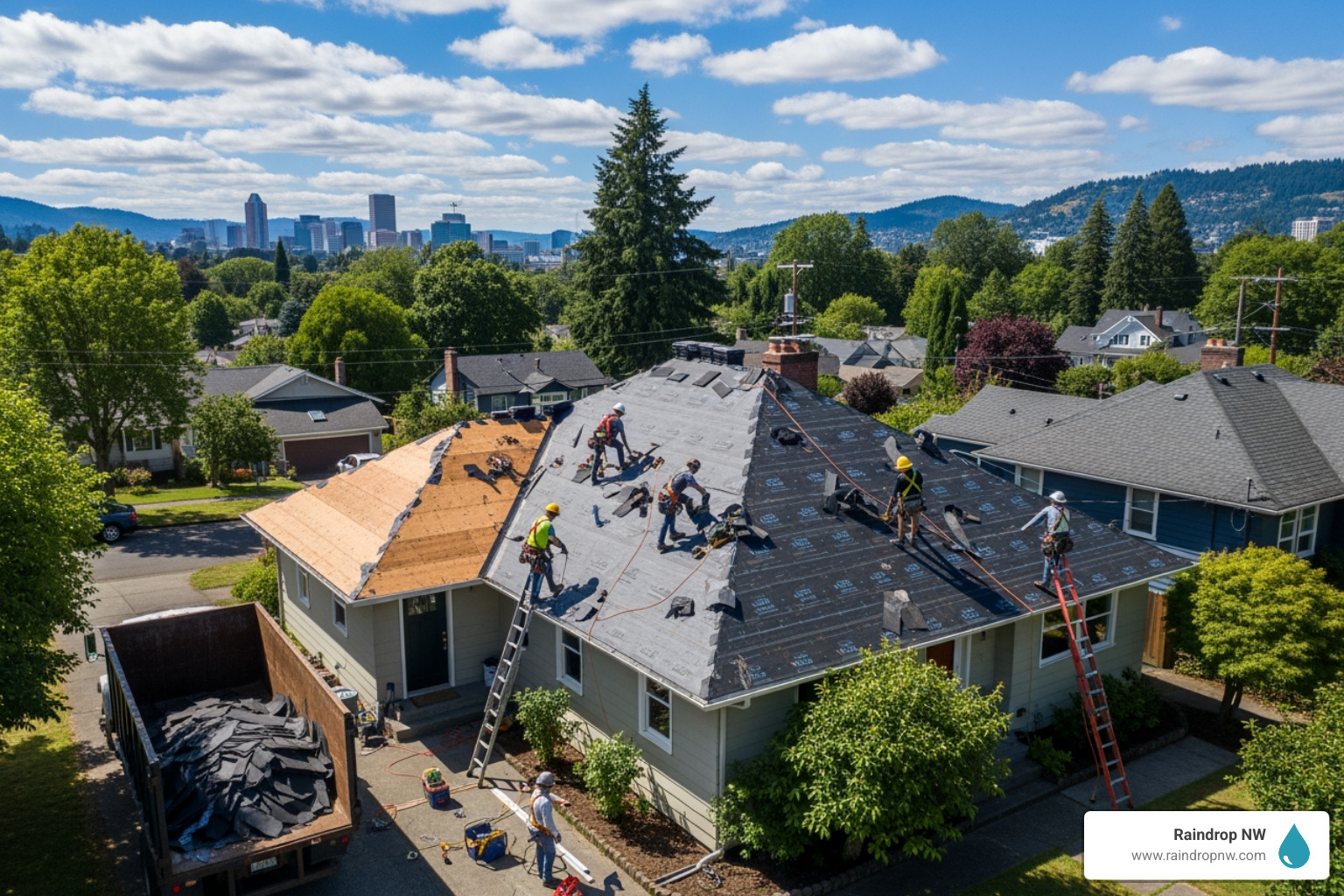 infographic showing emergency roof replacement decision tree: assess damage severity, determine if repair is sufficient, evaluate safety risks, coordinate same-day replacement if needed, including steps for initial contact, emergency assessment, crew deployment, full tear-off and installation, and final inspection - same day roof replacement in portland, or