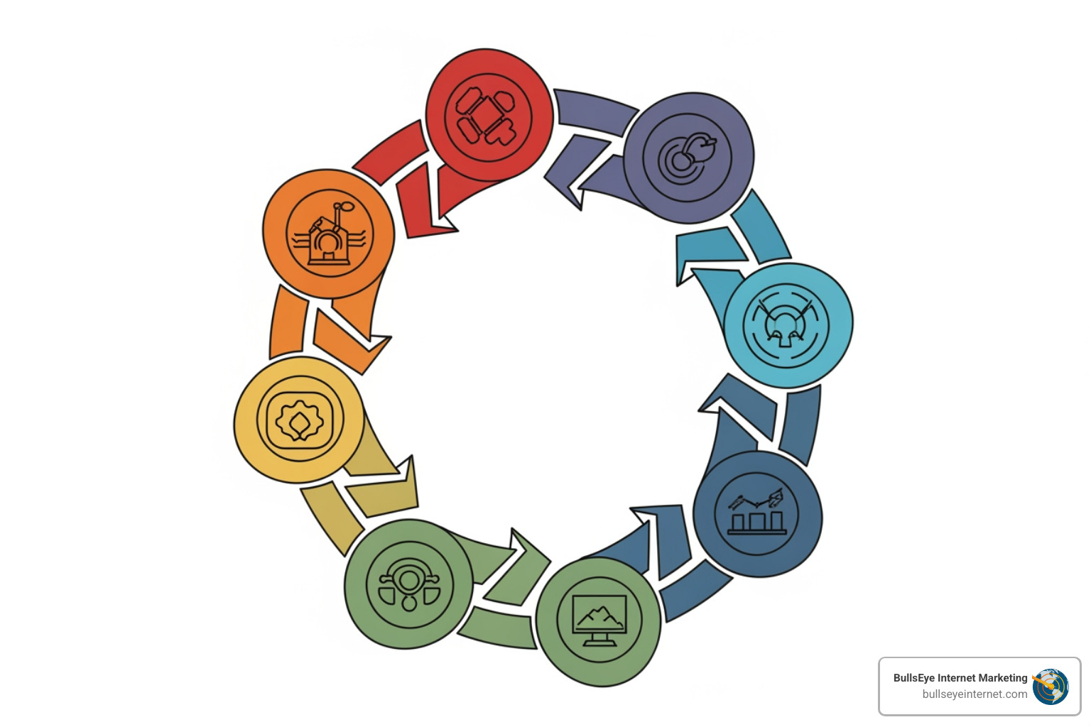 circular flow diagram showing 7 steps of a paid media audit: Define Goals, Analyze Structure, Evaluate Targeting, Assess Creative, Review Bidding, Verify Tracking, Analyze Competitors - Paid media audit Circular infographic illustrating the 7-step paid media audit process with icons representing key steps such as goal definition, performance analysis, and optimization, aligned with BullsEye Internet's focus on smarter ad spending strategies.