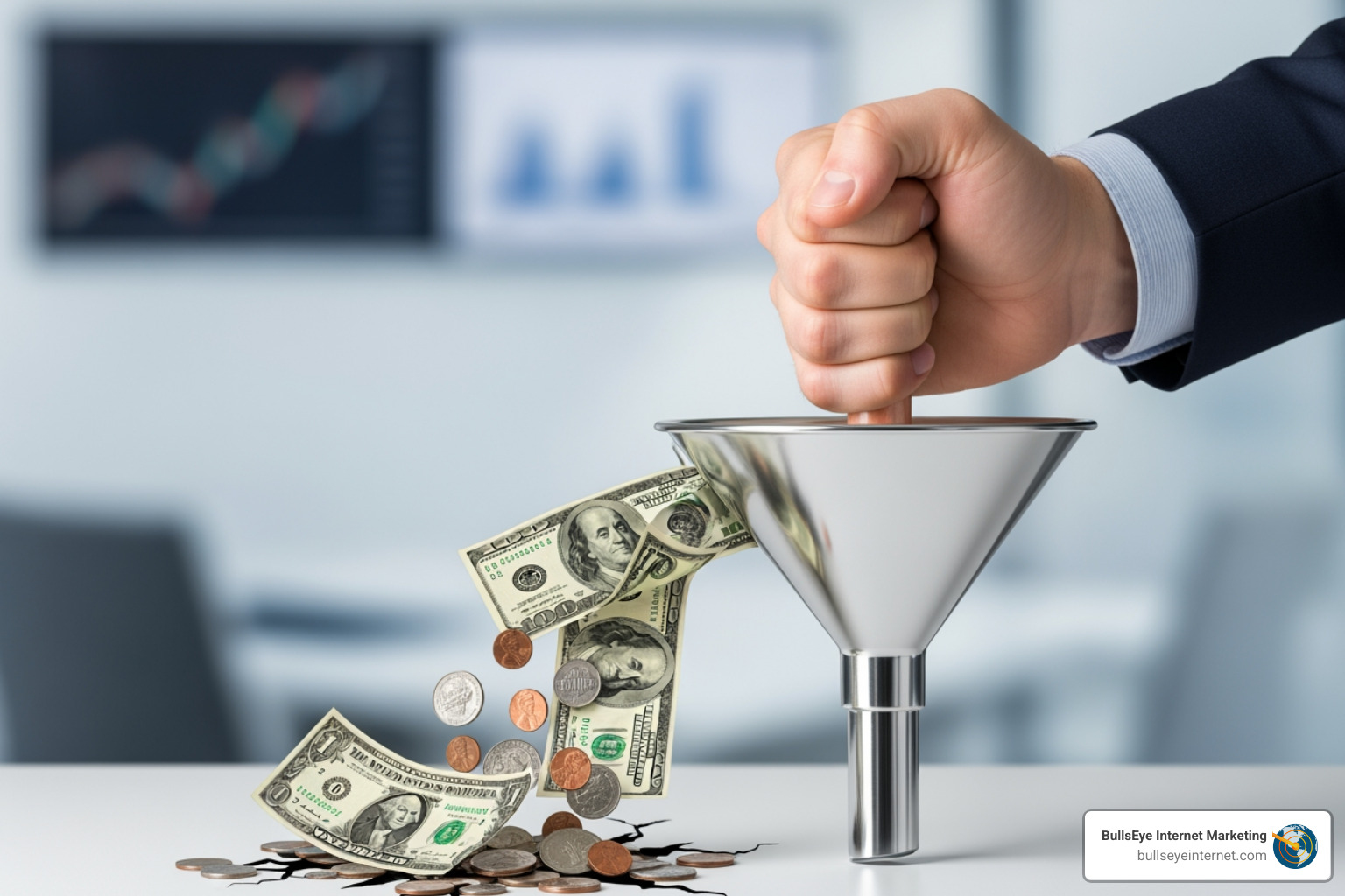 funnel with money leaking, then being plugged by a hand - Paid media audit Hand pushing money through a funnel, symbolizing effective budget allocation and optimization in advertising campaigns, with a blurred financial chart in the background, representing performance marketing insights.
