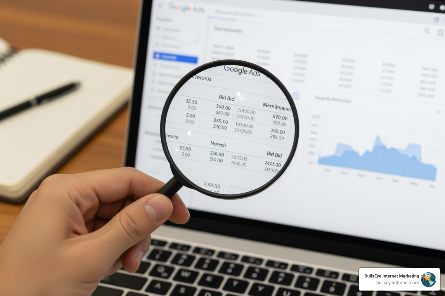 Hand holding magnifying glass over Google Ads dashboard, highlighting keyword bid data and performance metrics, illustrating PPC campaign optimization and audit process.